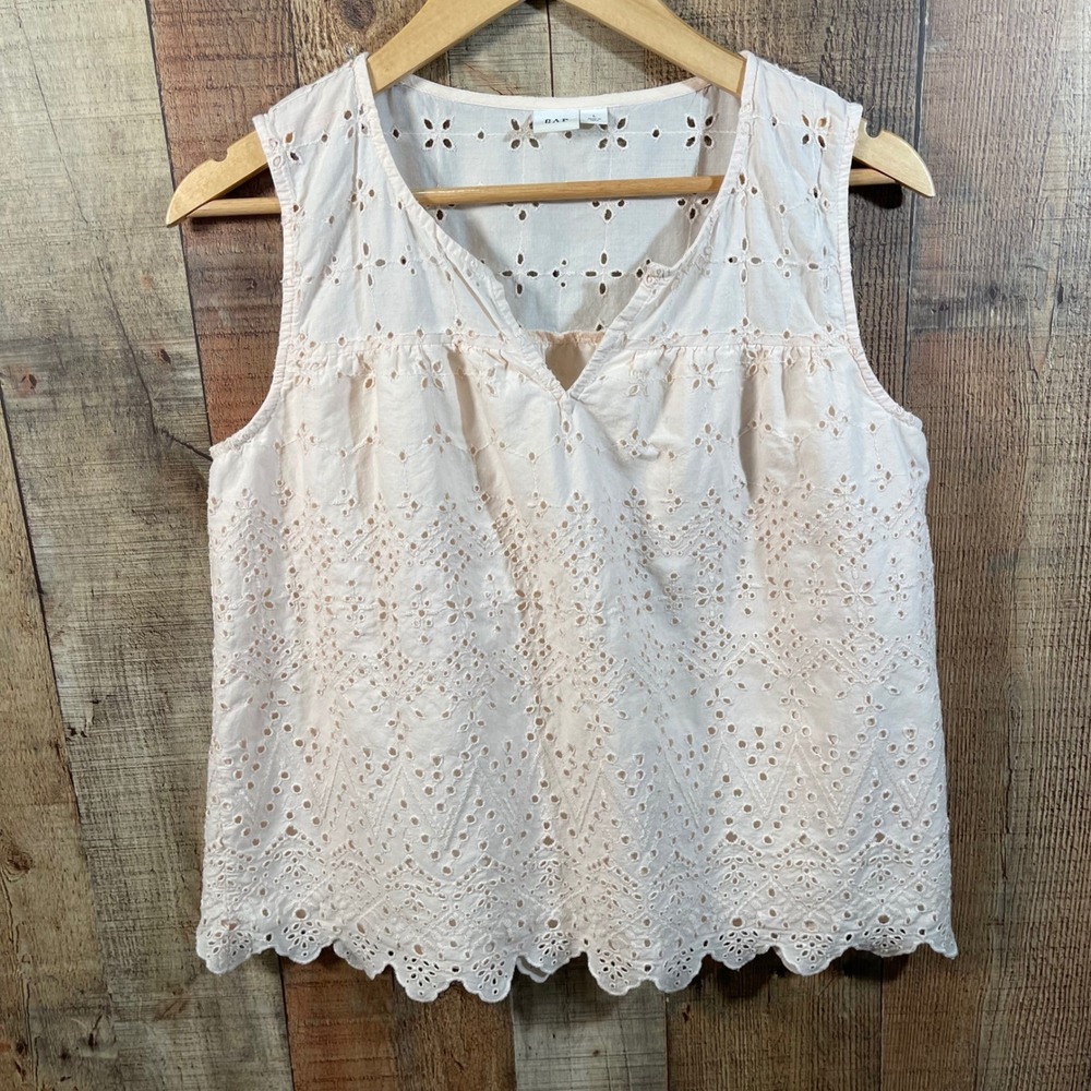 Gap Pale Pink Cotton Eyelet Lace Sleeveless Scalloped Hem Blouse Top Large L